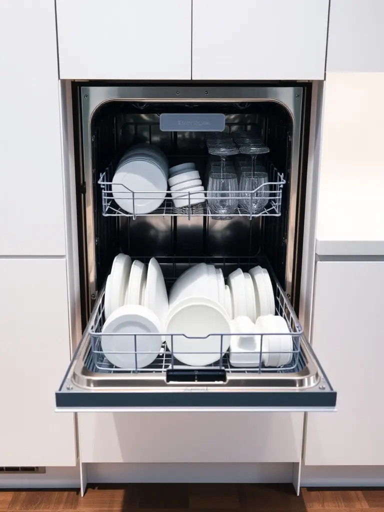 A dishwasher with its door slightly ajar, revealing sparkling clean dishes inside. The surrounding cabinetry is sleek and modern, highlighting convenience.