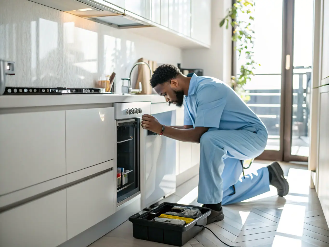 A close-up shot of an Appliances Pro Now technician expertly diagnosing an appliance issue using specialized tools and equipment, showcasing their technical expertise.