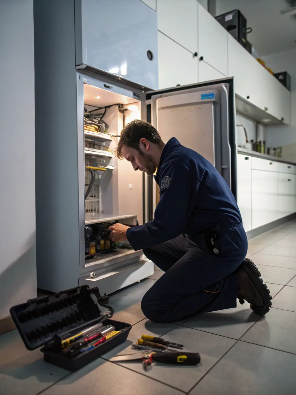 A professional technician is shown expertly repairing a modern refrigerator in a well-lit kitchen. The scene emphasizes precision and care, highlighting the quality of Appliances Pro Now's refrigerator repair services.