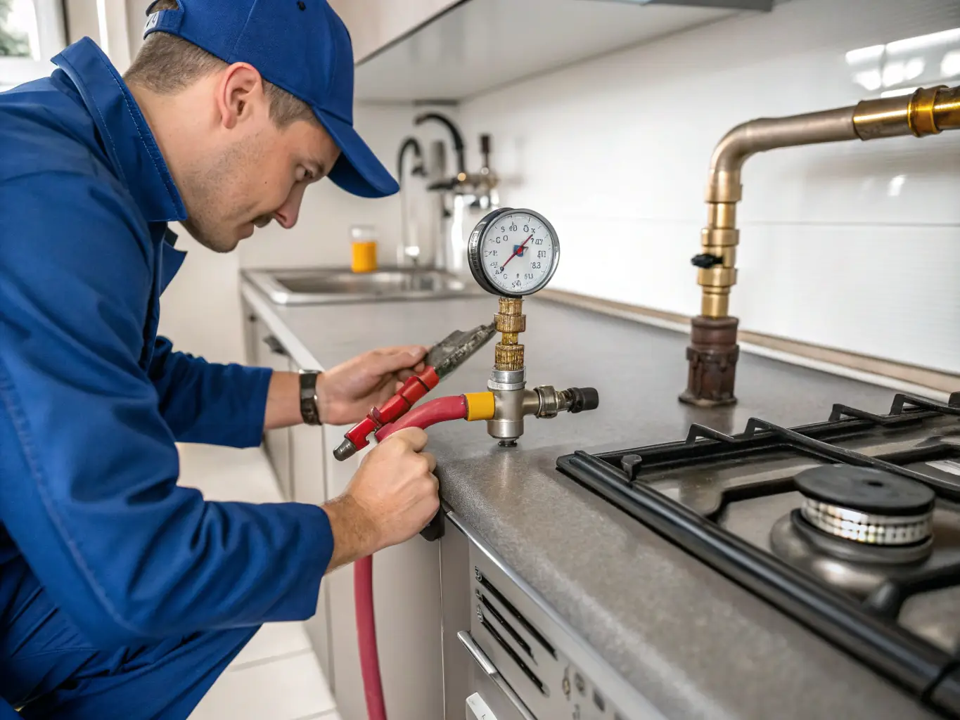 A gas stove with a lit burner, showcasing a blue flame. A technician is carefully adjusting the flame settings, ensuring optimal performance and safety.