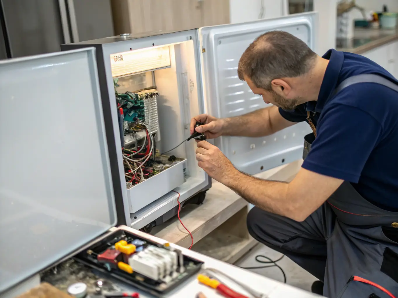 A close-up shot of a technician's hands expertly repairing the internal components of a refrigerator, showcasing precision and skill.