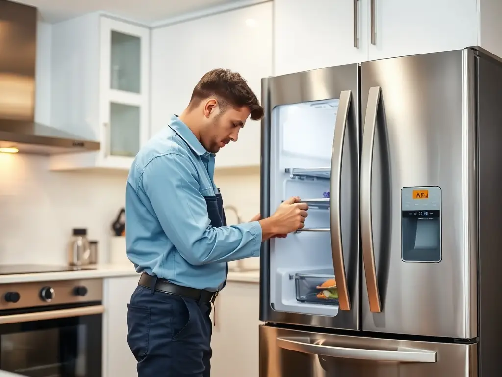 A friendly, uniformed Appliances Pro Now technician quickly repairing a modern refrigerator in a clean, well-lit kitchen, emphasizing speed and professionalism.