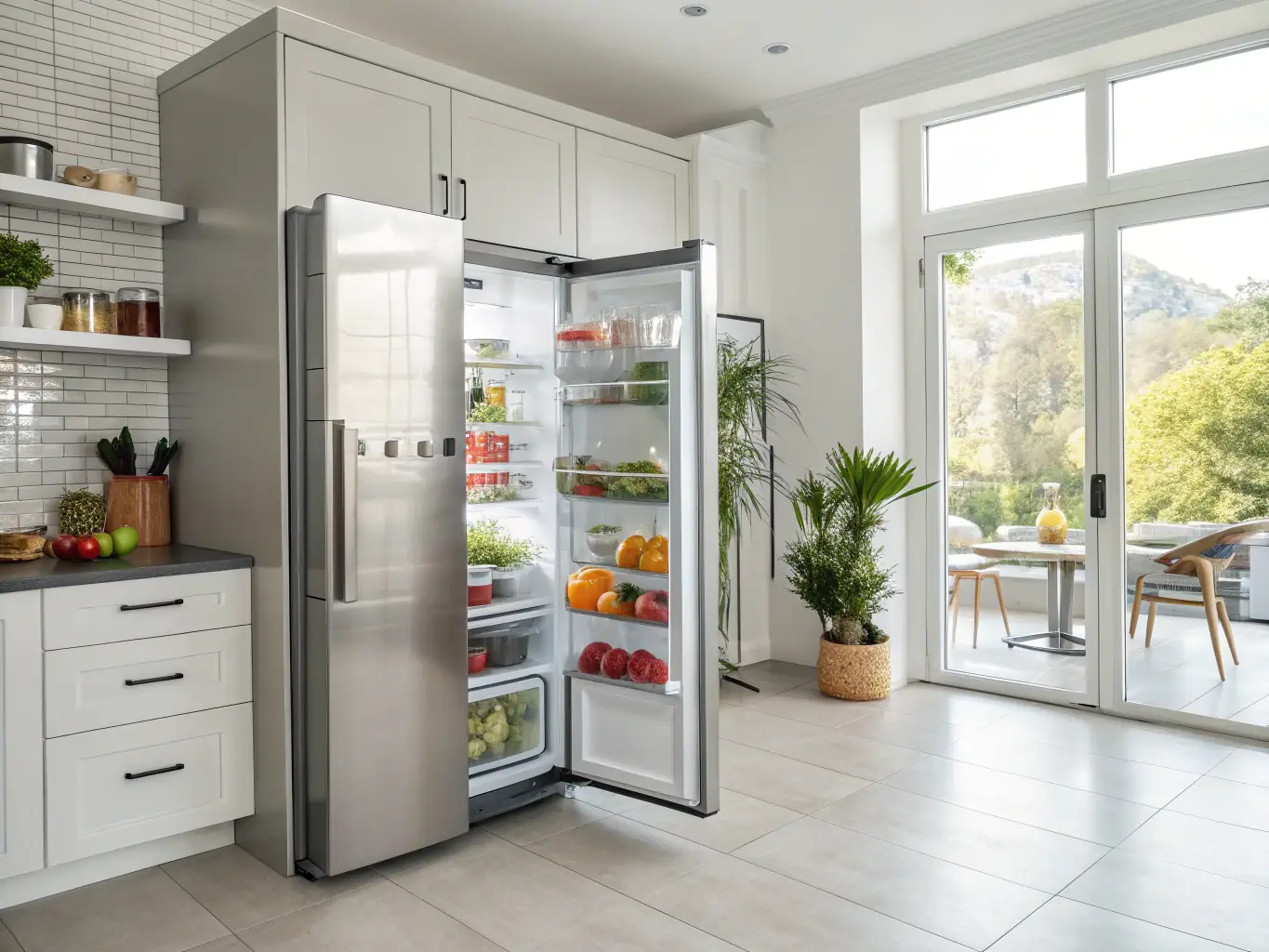 A modern, stainless steel refrigerator with its door open, showcasing various food items inside. The setting is a clean, well-lit kitchen, emphasizing the importance of a functional refrigerator in daily life.