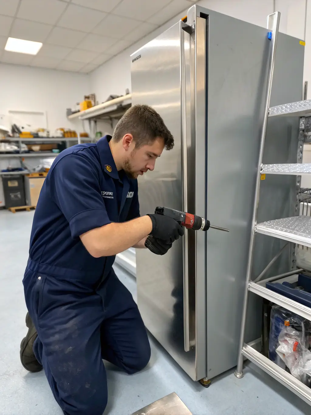 A close-up shot of a friendly Appliances Pro Now technician smiling while expertly repairing a refrigerator in a modern Alpharetta kitchen, emphasizing their professionalism and expertise.