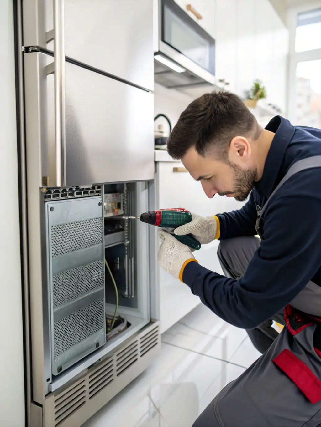 A close-up shot of a technician's hands expertly repairing the internal components of a refrigerator, showcasing precision and skill.