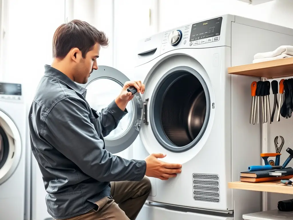 A front-load washing machine with its door open, revealing the drum. A technician is shown checking the hoses and connections at the back of the machine.