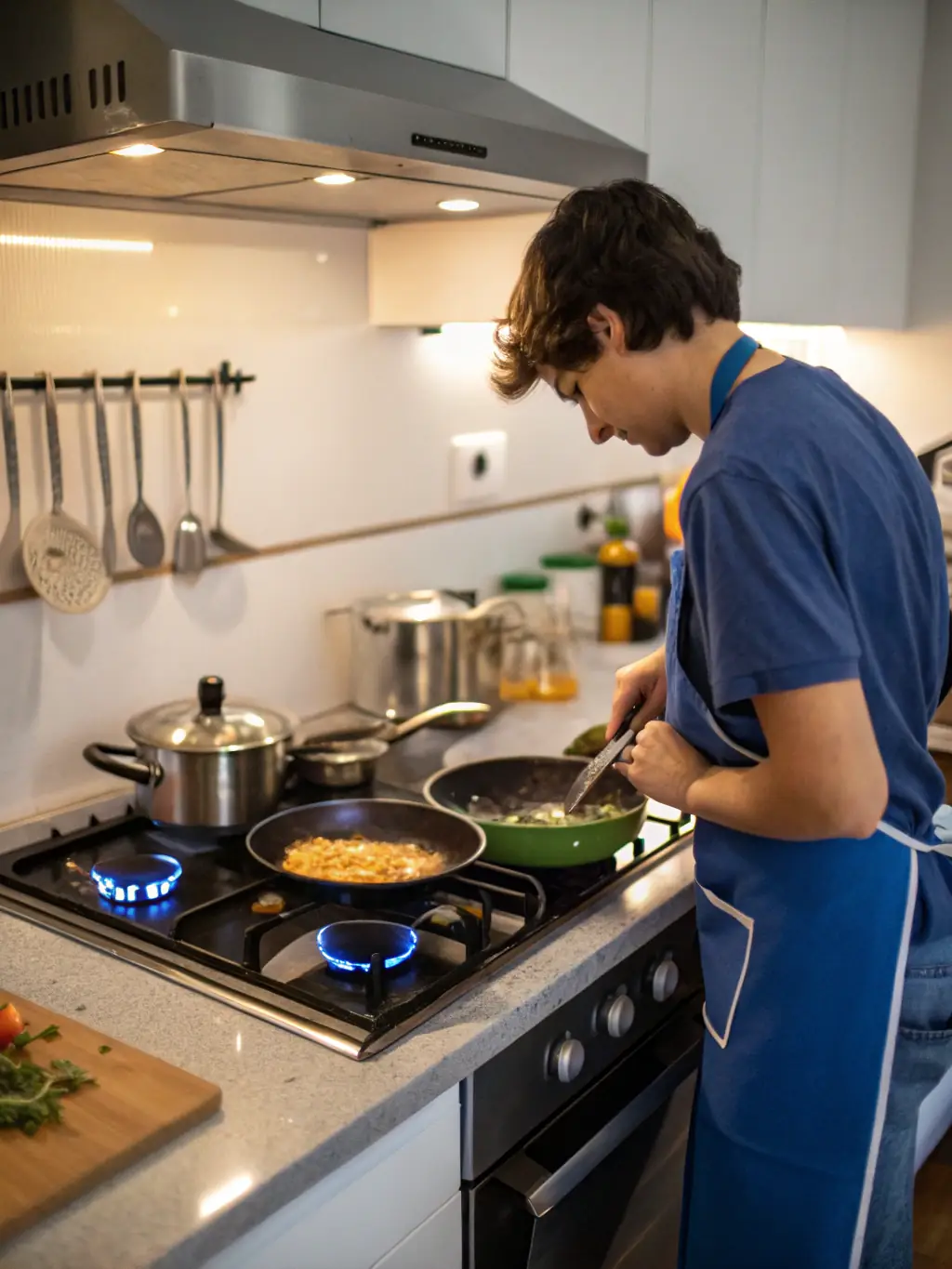A gas stove with a blue flame burning steadily under a pot. The kitchen setting is warm and inviting, suggesting a family meal being prepared in a John's Creek home.