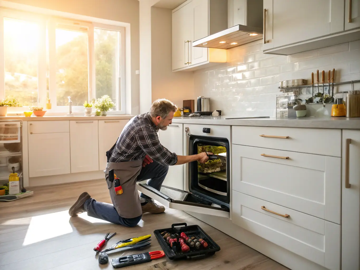 An Appliances Pro Now technician carefully inspecting the heating element of an oven in a residential kitchen, highlighting attention to detail and expertise.
