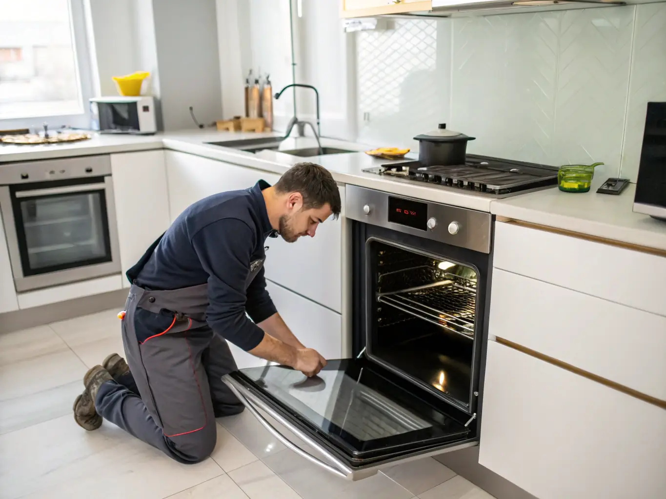 A professional technician working on the internal components of an oven. The oven is partially disassembled, with tools and diagnostic equipment nearby, highlighting the complexity of oven repairs.