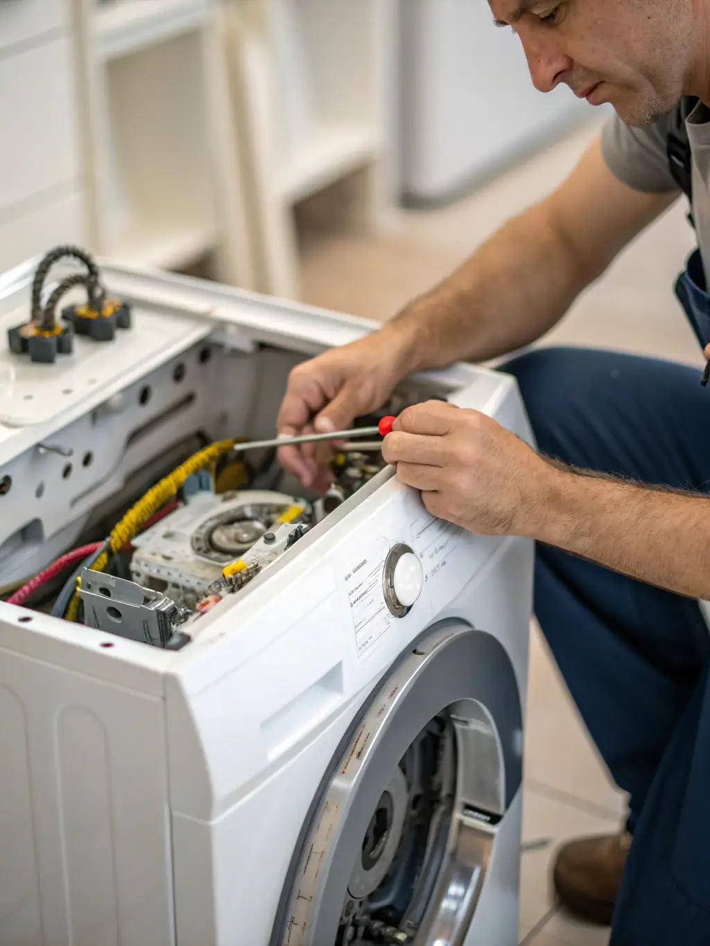 A washing machine being serviced by a technician, with a focus on the internal components and wiring, showcasing Appliances Pro Now's expertise in washing machine repair.