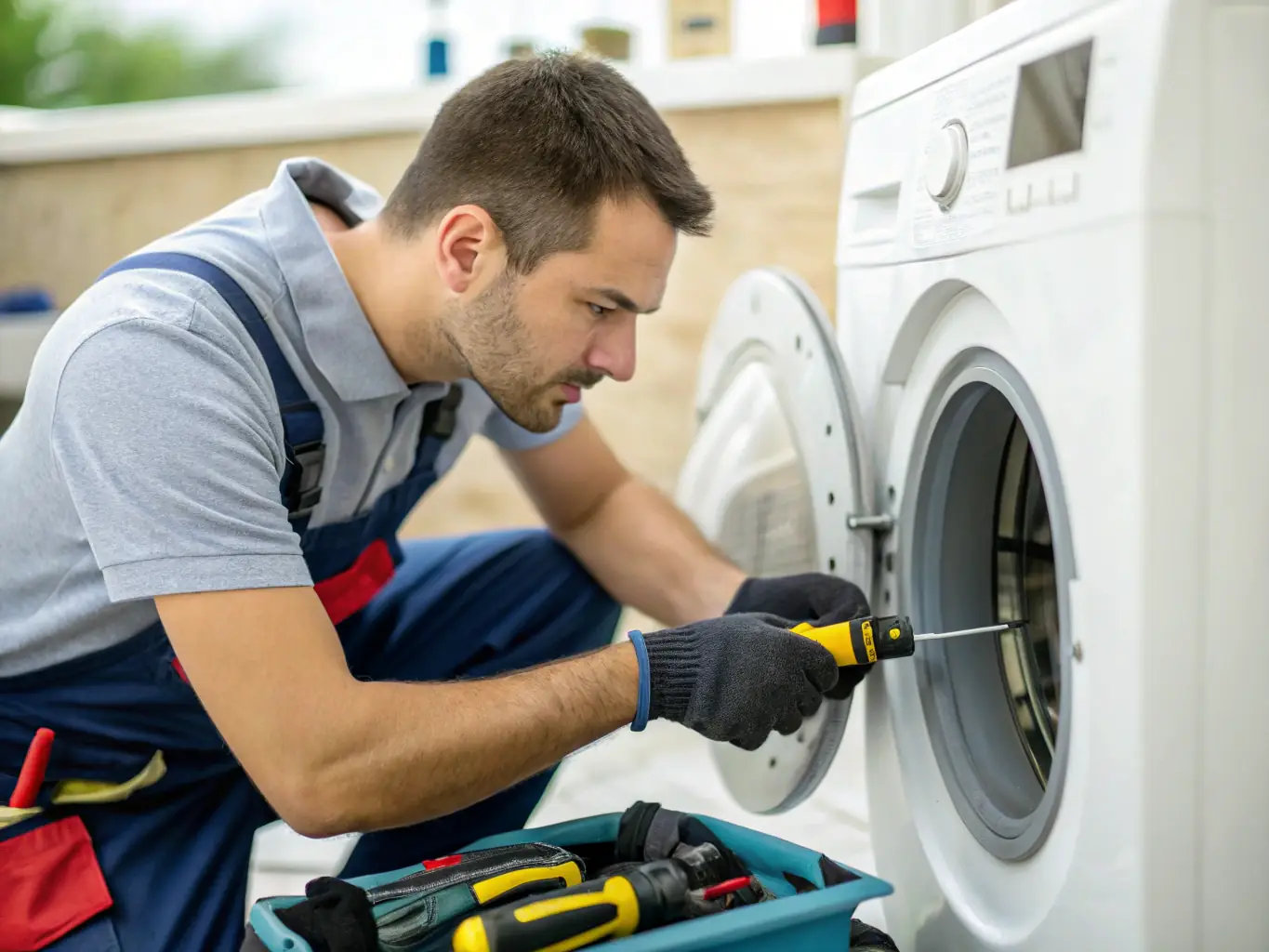 A close-up shot of a dishwasher being repaired, focusing on the intricate parts and connections. The image conveys the technical expertise required for dishwasher repairs.