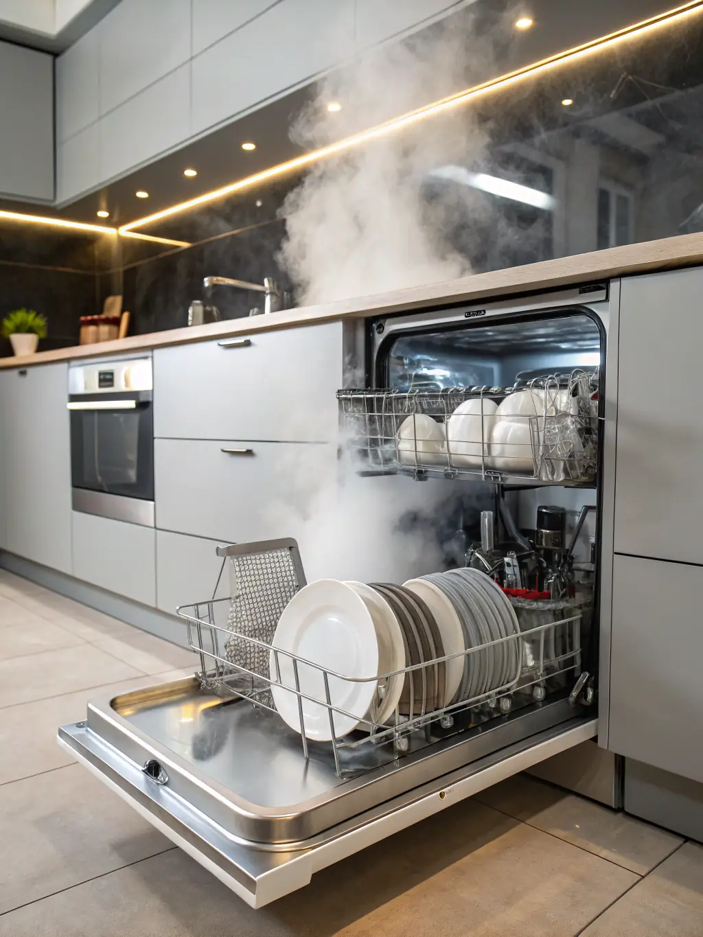 A modern dishwasher with sparkling clean dishes inside. The surrounding kitchen is sleek and contemporary, emphasizing the convenience of a fully functional dishwasher in a John's Creek home.
