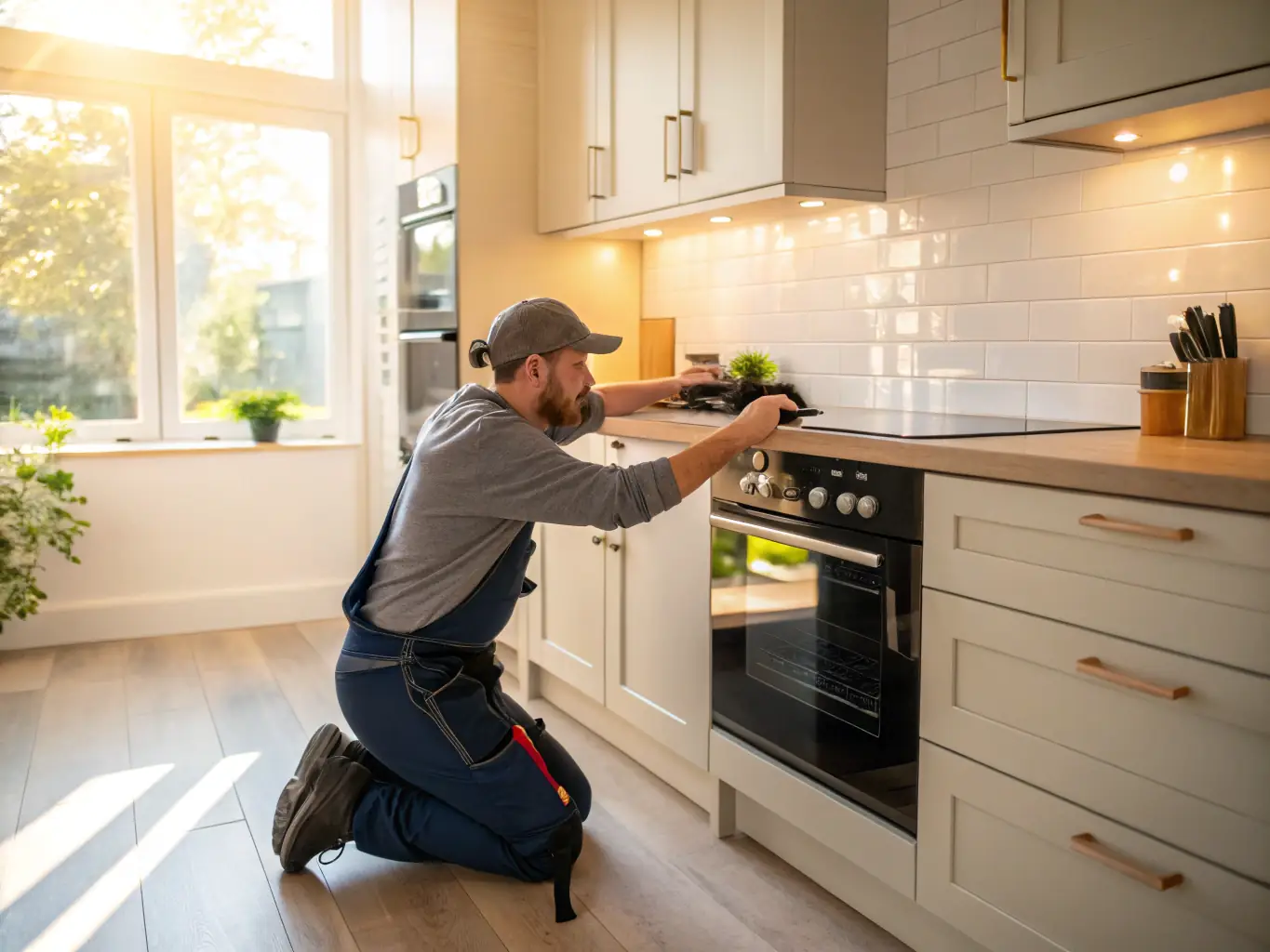 A gas range oven with the door open, showing the interior, with a technician adjusting a burner.
