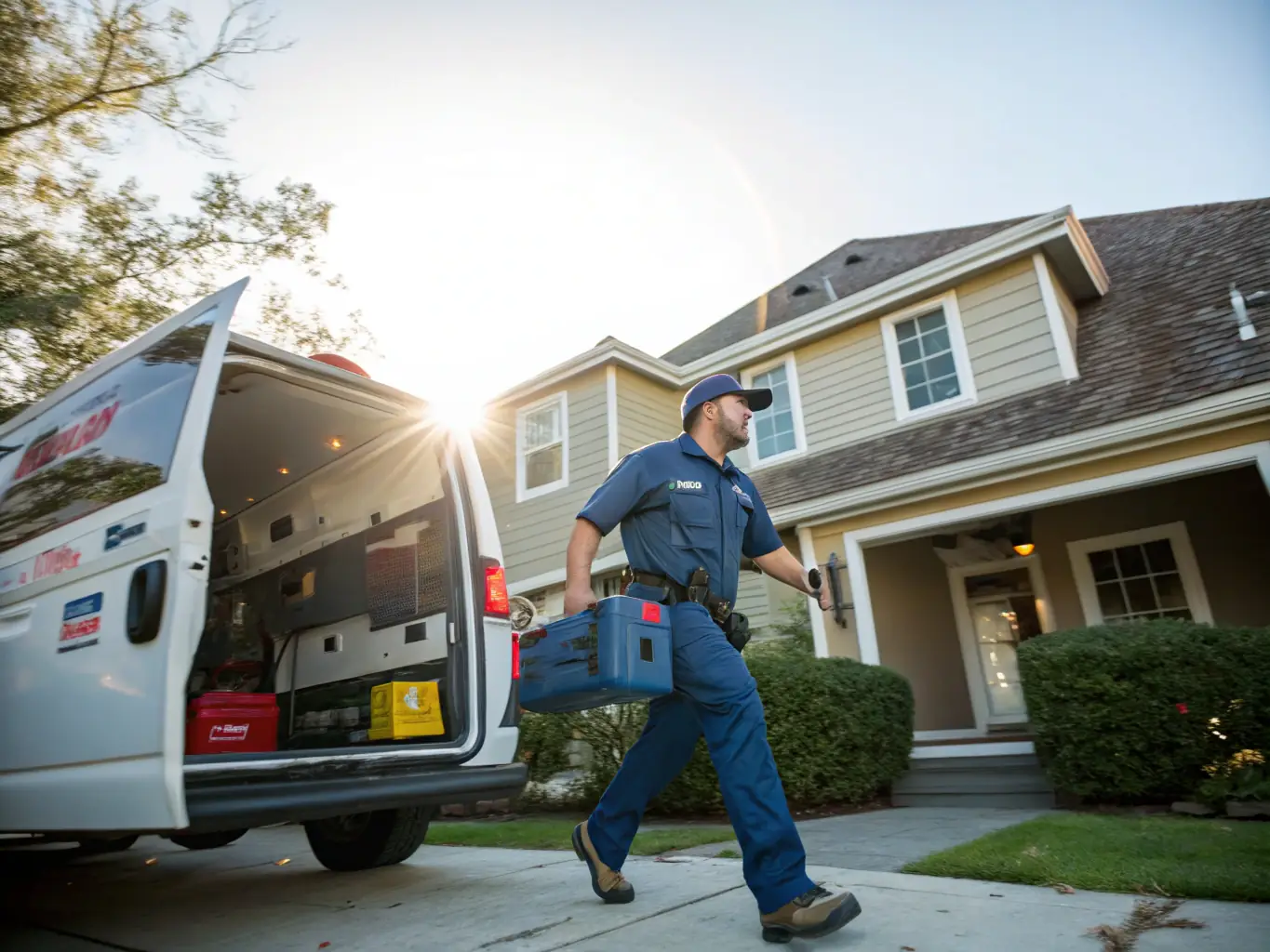 A friendly, uniformed Appliances Pro Now technician is shown arriving at a customer's home with a fully stocked service van in the background, ready to provide prompt and professional appliance repair service.