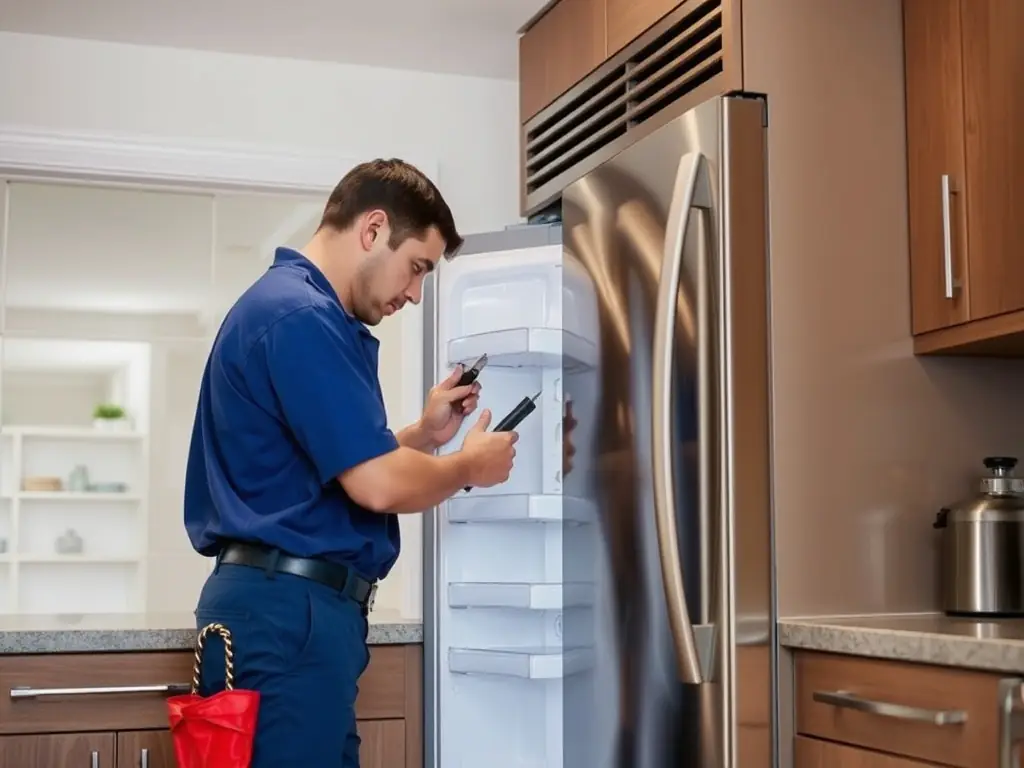 A modern, stainless steel refrigerator in a well-lit kitchen, with a technician in uniform inspecting the door seal. The scene conveys professionalism and attention to detail.