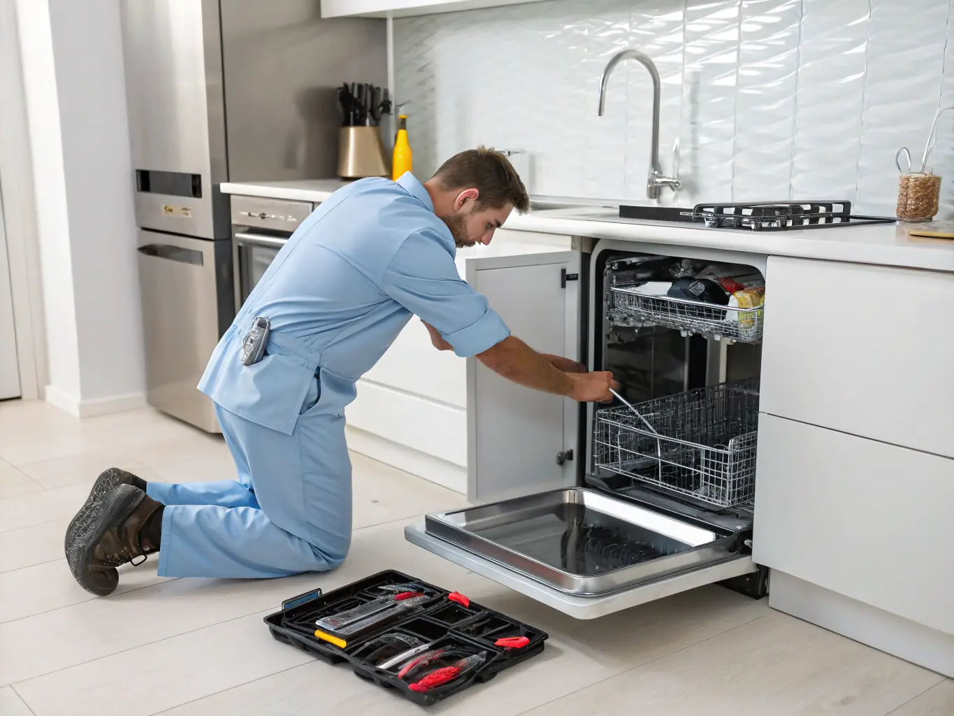 An Appliances Pro Now technician efficiently repairing a dishwasher under a kitchen counter, showcasing expertise and problem-solving skills.