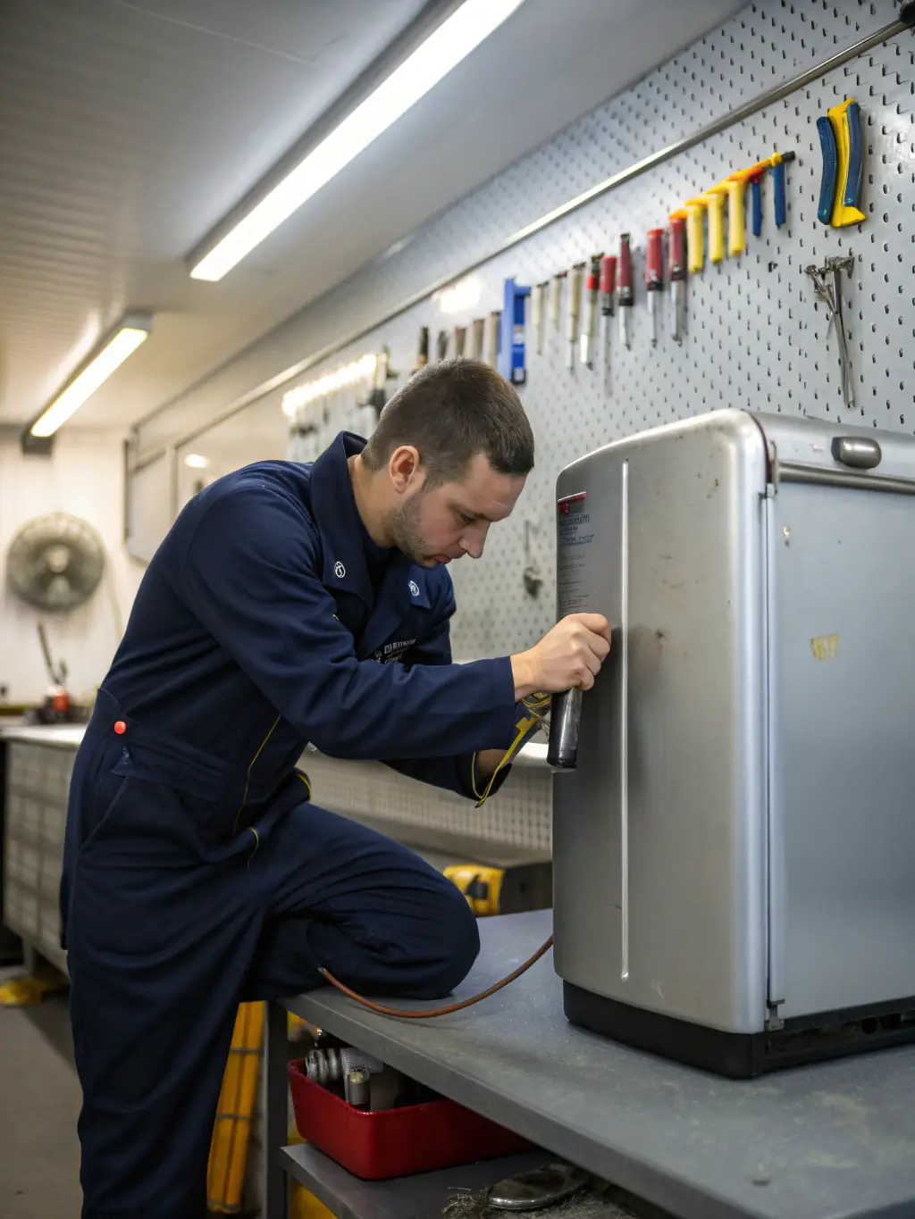 A close-up shot of a technician expertly repairing the intricate components of a high-end refrigerator in a modern kitchen setting, showcasing Appliances Pro Now's expertise in refrigerator repair.