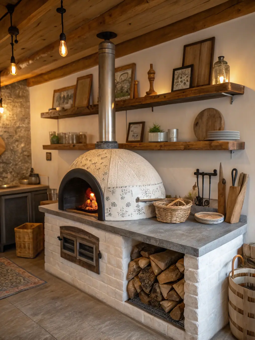 A built-in oven with a digital display, showcasing a perfectly baked pie inside. The kitchen is warm and inviting, suggesting the joy of home cooking.