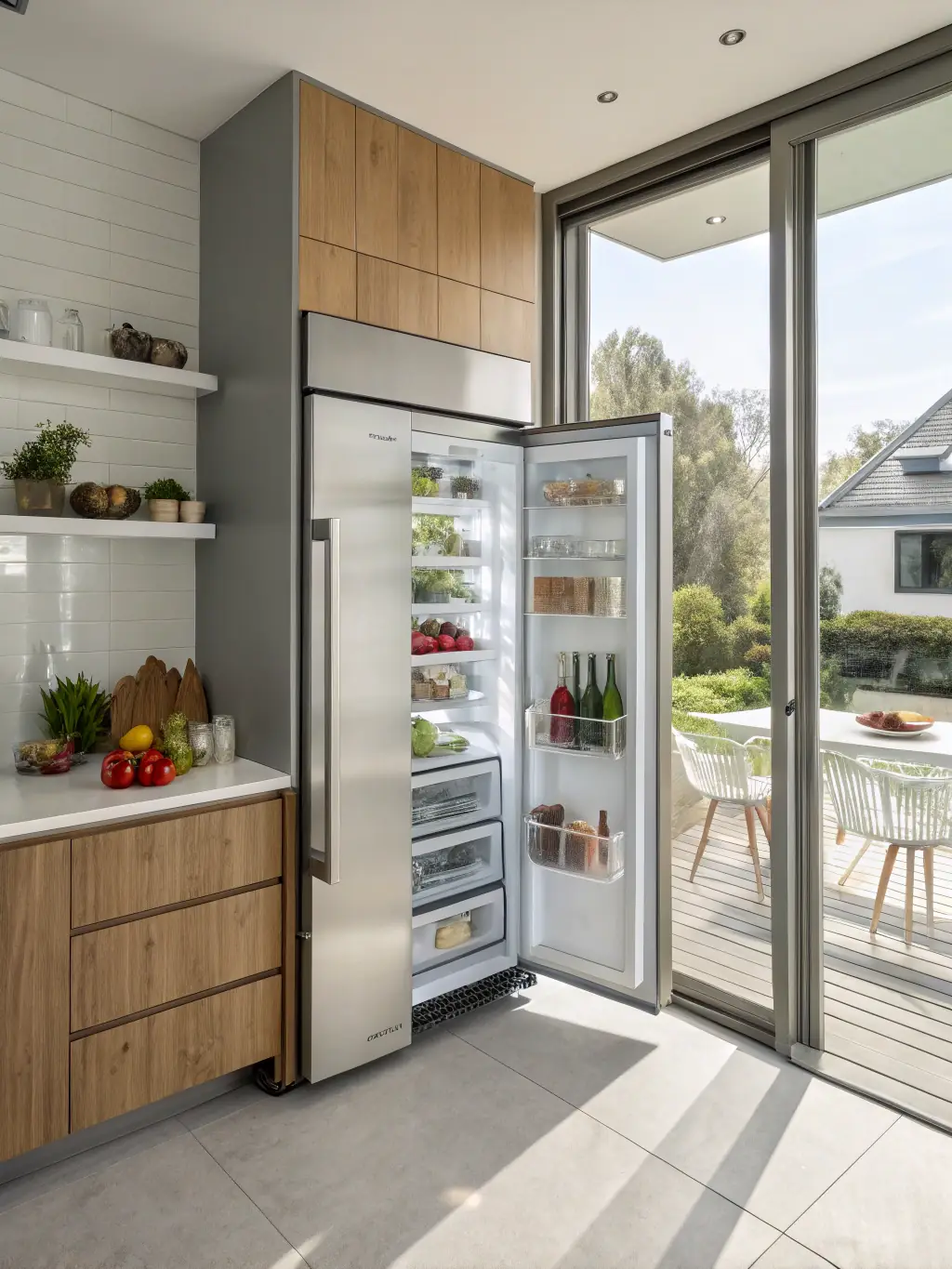 A modern, stainless steel refrigerator with its door open, revealing neatly organized food items inside. The setting is a bright, clean kitchen in a John's Creek home, emphasizing the importance of a functioning refrigerator.