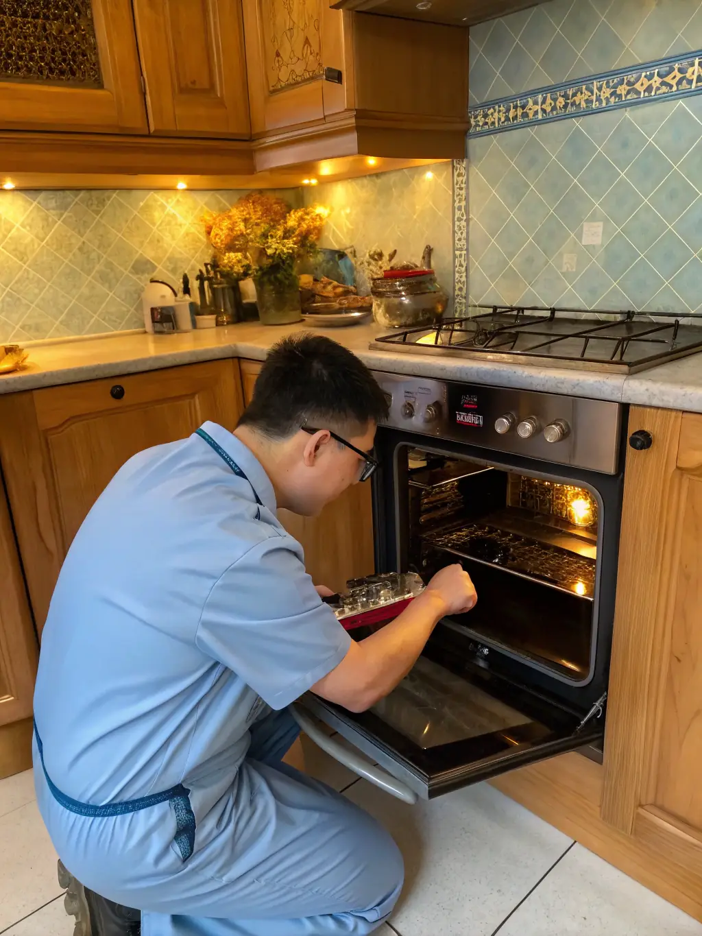 A skilled technician is carefully examining the internal components of an oven in a clean, contemporary kitchen. The image conveys expertise and attention to detail, showcasing Appliances Pro Now's oven repair capabilities.