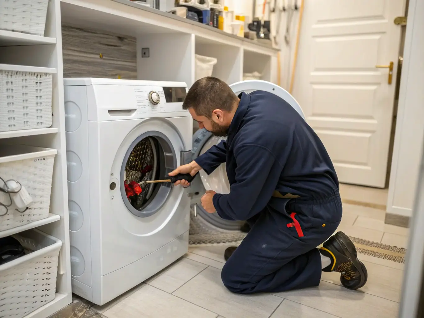 A front-load washing machine with a technician checking the water inlet valve.