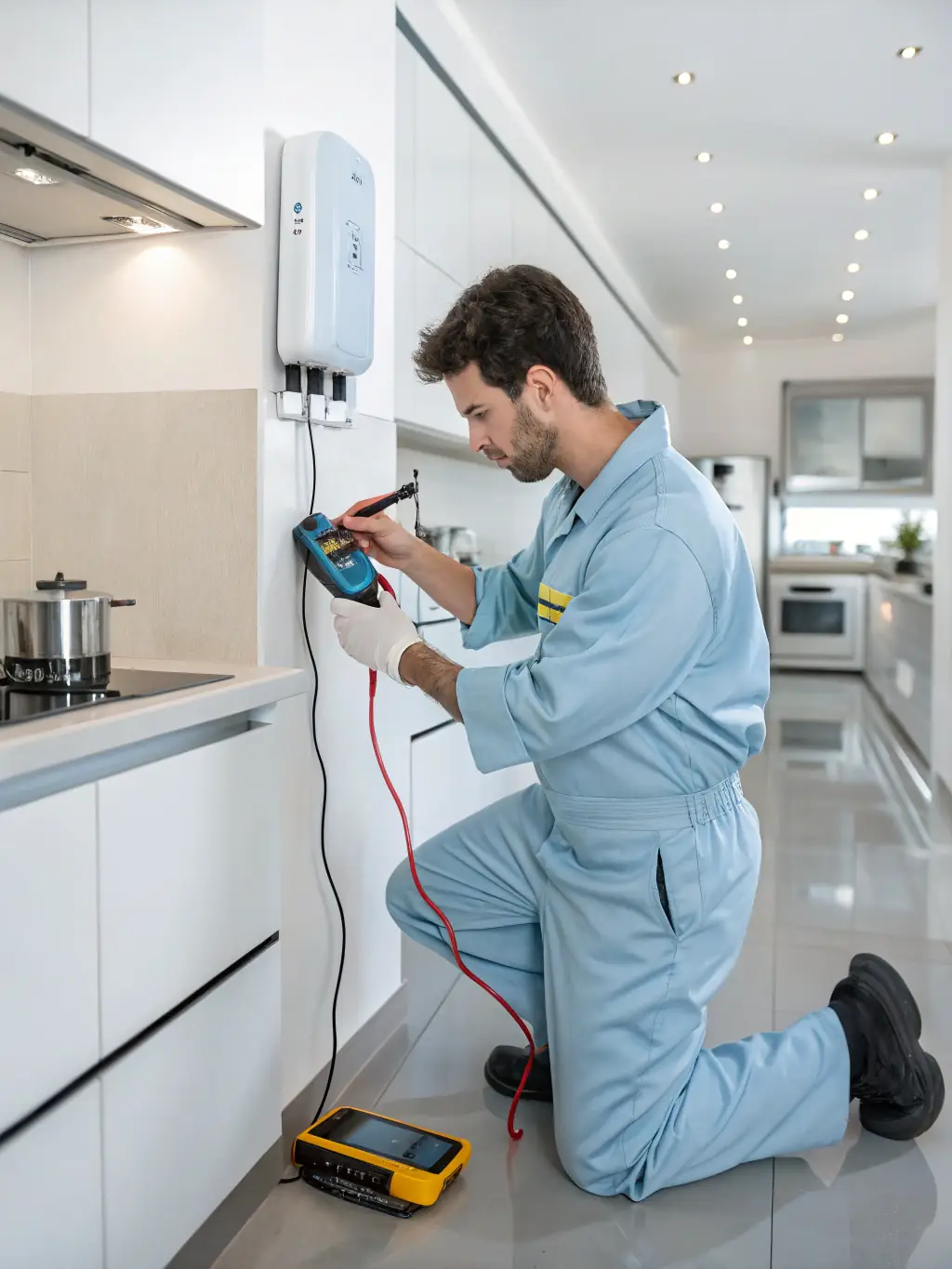 A technician carefully examining the heating element of an oven, with various tools and testing equipment around, demonstrating Appliances Pro Now's oven repair capabilities.