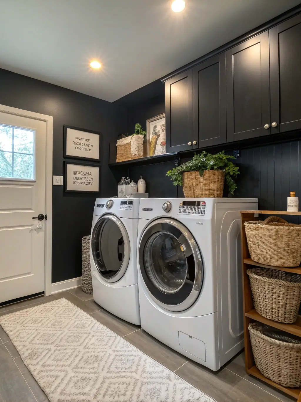 A front-load washing machine with a digital display showing a wash cycle in progress. The background is a well-lit laundry room in a John's Creek residence, highlighting the convenience of in-home laundry.